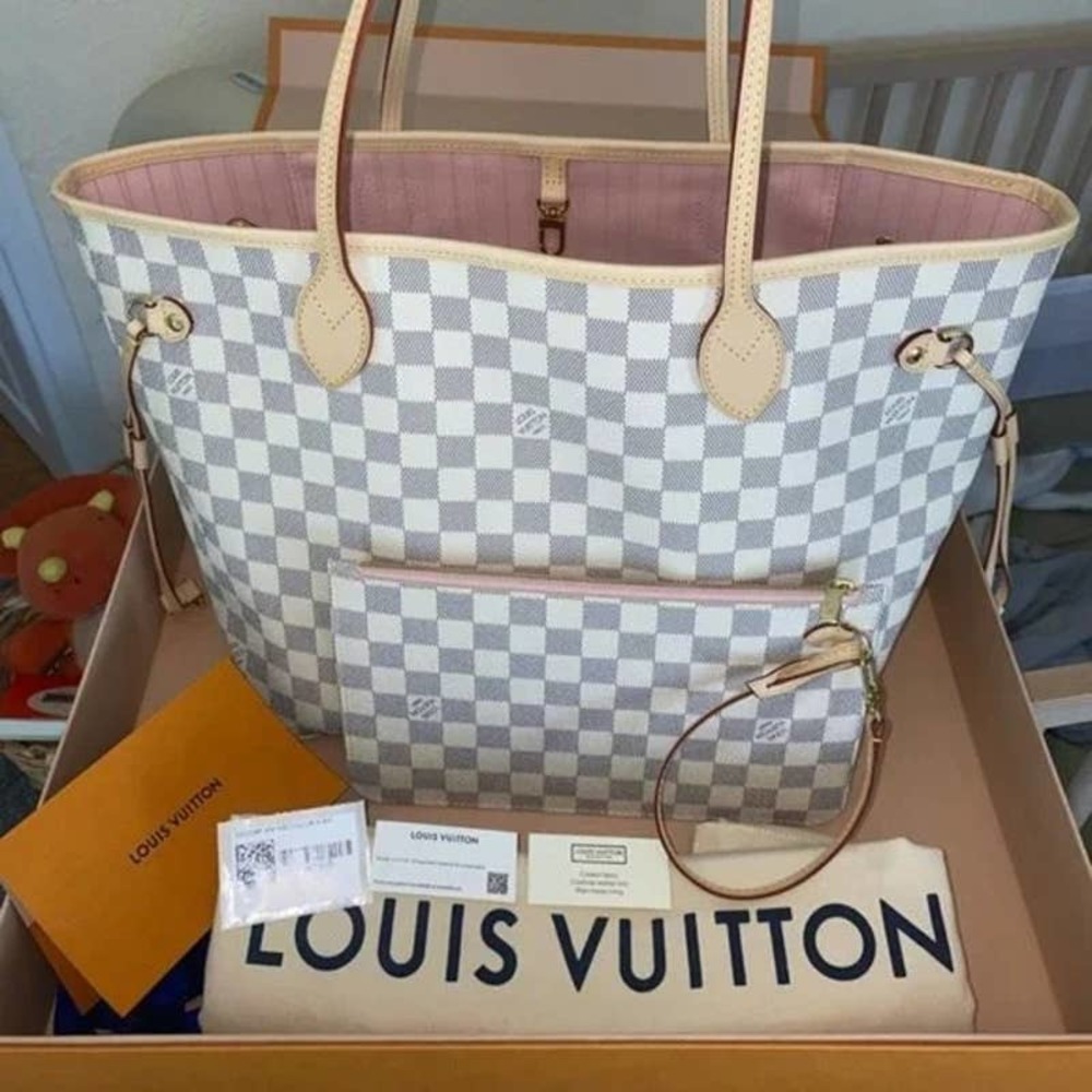 LV Neverfull MM in Damier Azur and Rose Ballerine